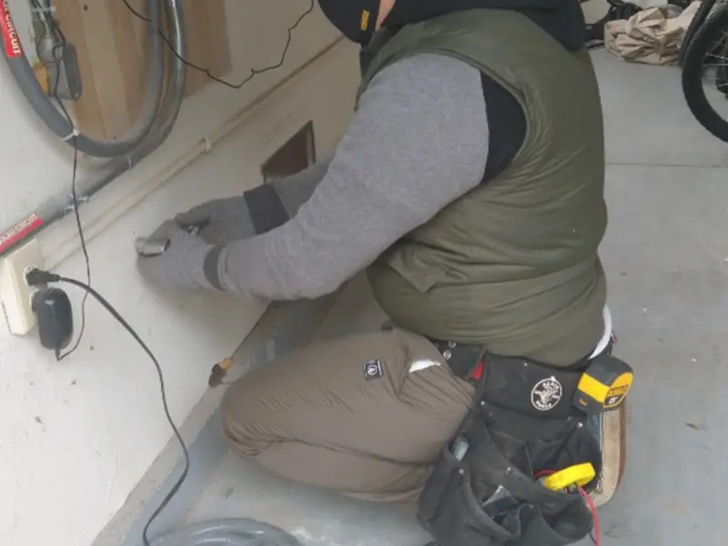 Electrician performing outlet wiring in a Murfreesboro garage
